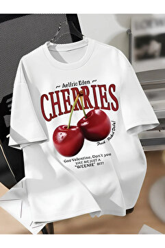 Revasser Unisex Erkek/Kadın CHERRIES Özel Baskılı Oversize Pamuklu Bisiklet Yaka T-Shirt