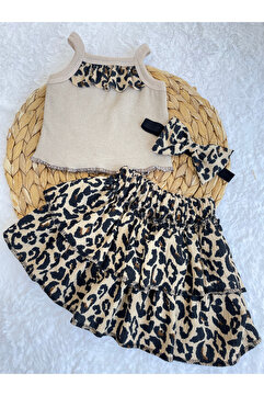 AKİF GİYİM KIZ ÇOCUK LEOPAR DESEN FIRFIRLI ETEK BLUZ BANDANA VE ÇORAP TAKIMI 4 LÜ SET
