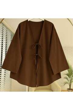 Giyim Gezegeni Önü Bağlamalı Kimono Tesettür Tunik Kahverengi Oversize Yeni Sezon Rahat Kalıp Önü Baglamalı Tesettür Tunik
