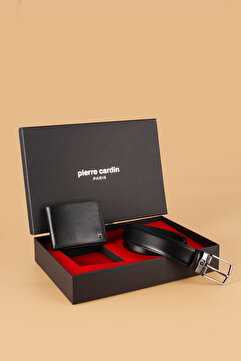 Pierre Cardin -Set 3- % 100 Hakiki Deri Özel Hediye Kutulu Damat Kemer Cüzdan Çeyiz Seti SİYAH