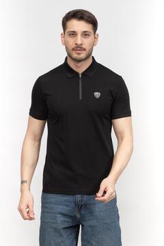EA7 Erkek Slim Fit Kısa Kollu Logolu Fermuarlı Siyah Polo Yaka T-Shirt
