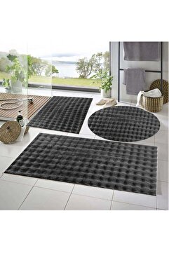 Raschel Carpet Balat Halı 3'lü Kaymaz Taban Bubble Peluş Banyo Paspası Koyu Gri 50x50(YUVARLAK)-50x50 Ve 50x70