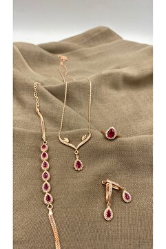 SURA SILVER YAKUT DAMLA MODEL ROSE 925 AYAR GÜMÜŞ SET (KOLYE,KÜPE,BİLEKLİK VE AYARLANABİLİR YÜZÜK)