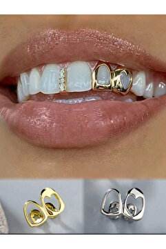 La Saade Y2k Hip Hop Gümüş Rengi İkili Kalpli Taşlı Tooth Grillz Gems Diş Aksesuarı