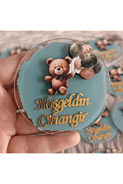 doğrukan Yeşil Balonlu Ayıcık Bebek Magneti 10 Adet | Kişiye Özel Pleksi Hediyelik | Doğum Günü, Magnet