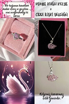 Le Manolia Accessories KARARMAZ ÇELİK PEMBE KUĞU KOLYE VE CİDDİ İLİŞKİ YÜZÜĞÜ KOLYE YÜZÜK SETİ HEDİYELİK SET ALTIN RENKTİR