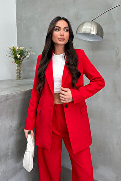 msm fashion Kadın Blazer Ceket Kırmızı Rahat Kalıp Tek Düğmeli Astarlı