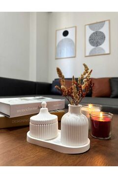Dures Shoes Duresbutik Dekoratif 3'lü Vazo Sunumluk Tabak Set Beyaz