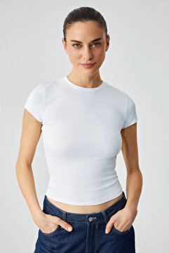 GRIMELANGE HOPEWELL Kadın Yuvarlak Yaka Örme Slim Fit Beyaz T-Shirt