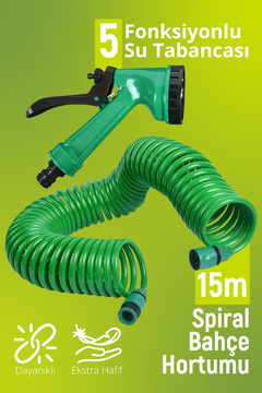 Blooma Spiral Hortum 15 mt. Uzayan Bahçe / Balkon / Sulama Hortumu ve 5 Kademeli Su Tabanca Seti