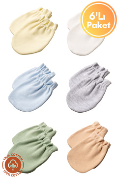 Miniel Unisex Bebek Yenidoğan Penye Organik Pamuklu Lastikli Bebek Eldiveni 6 Çift  Set