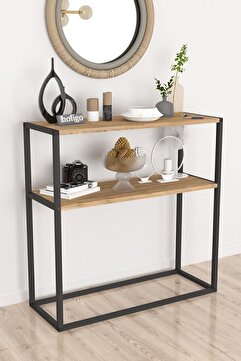 Bofigo Metal Ayaklı Dresuar Dekoratif Raflı Dresuar Konsol Metal Dresuar Tunç Çam