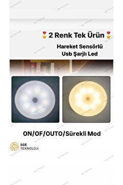 sgeteknoloji Hareket Sensörlü 16 Led 400mah Şarjlı 2 Renk Beyaz Ve Gün Işığı Led Auto Dolap Içi, Koridor Type-c.