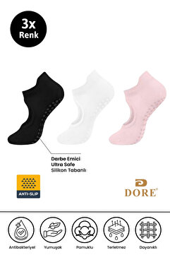 DORE Orijinal Kadın 3 Çift Kaymaz Pilates Ve Yoga Kaydırmaz Tabanlı Plates Bale Çorabı Siyah Beyaz Pembe