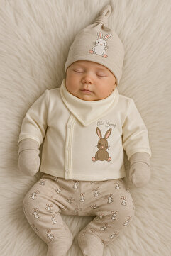 Linda Harris Little Bunny Ekru-Bej Melanj 5’li Yenidoğan Bebek Hastane Çıkışı Seti