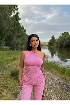 alenmoda Tek Omuz Gofre Kumaş Bluz Pantolon Takım