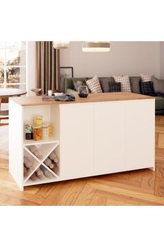 Bimossa Gustav L4710 Mutfak Adası 160cm Beyaz Ahşap Şaraplık Bar Masası Çok Amaçlı Depolamalı Dolap