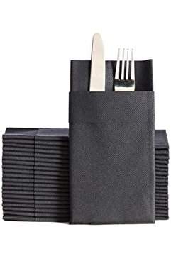 Atölye Mi 12 Adet Siyah Kumaş Dokulu Cepli Peçete 40x40 1/8 12'li Paket