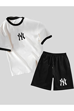 Revasser Unisex Kadın/Erkek Renkli Yaka NY Özel T-Shirt Alt Üst Özel Baskılı Şortlu Takım