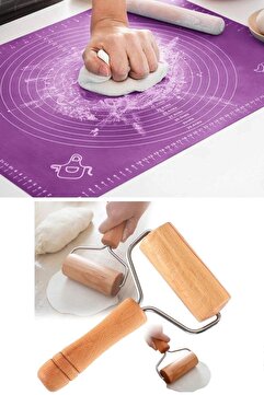Kitchen Beauty Silikon Hamur Açma Matı Ölçekli Hamur Açma Altlığı Ve Ahşap Saplı Rulo Hamur Açıcı Merdane Oklava