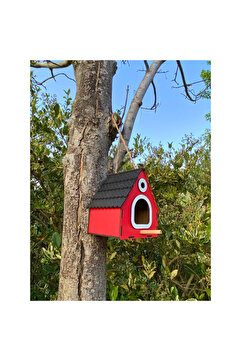 WoodenZoo Ahşap Dekoratif Kuş Evi Yuvası, Yuvalık, Balkon , Bahçe Aksesuarı (KIRMIZI 14x12x18 cm)