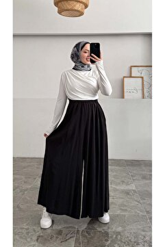 Hatun Atila Beli Lastikli Geniş Paça Modal Etekli Pantolon - Siyah