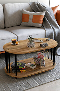 BARIN DESIGN Modern Oval Orta Sehpa Çift Katlı Metal Ayaklı Salon, Ofis, Dekoratif Sehpa, Kahve sehpası