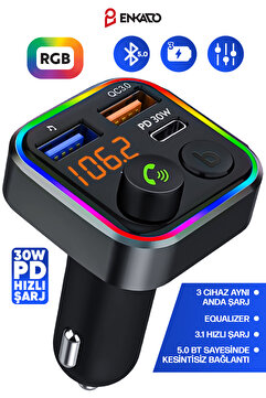 Enkado 30w Pd Hızlı Şarj 5.0 Bluetooth MP3 Çakmaklık Rgb Işıklı Led Ekran Usb Araç Fm Transmitter Çakmaklık