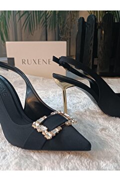 RUXENE DOOM TAŞLI TOKALI DOKUMA KUMAŞ MAT YÜZEY 10 CM İNCE TOPUKLU ABİYE AYAKKABI