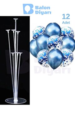 BALON DİYARI Balon Diyarı 7'li Lüks Balon Standı Ve 12 Adet Krom Mavi Ve Şeffaf Konfetili Balon Set