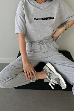 DUBU BUTİK Thatssofetch T-shirt Eşofman Altı Jogger - Gri Baskı Alt Üst Eşofman Takımı Oversize Bisiklet Yaka