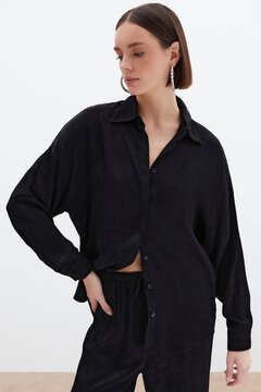 Sateen Jakarlı Saten Gömlek - Siyah
