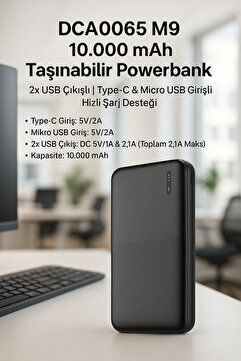 Dexim DCA0065 M9 10.000 mAh Taşınabilir Powerbank,2x USB Çıkışlı ,Type-C & Micro USB ,Hızlı Şarj Desteği