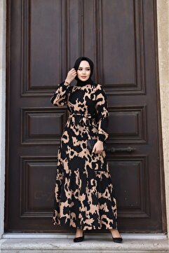 Sfg Life Moda KADIN YAZLIK TESETTÜR KUŞAKLI DOKUMA VİSKON KUMAŞ ŞIK ELBİSE