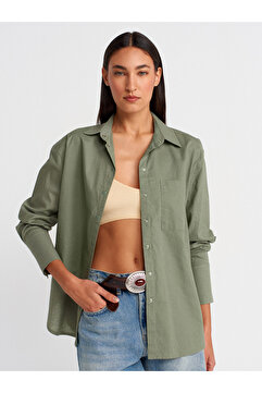 Dilvin 50497 Uzun Kollu Oversize Keten Gömlek-Yeşil