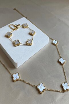 Inure Jewelry Matchless Beyaz Taşlı Yonca Model Kadın Çelik (KOLYE & BİLEKLİK) 2'li Set