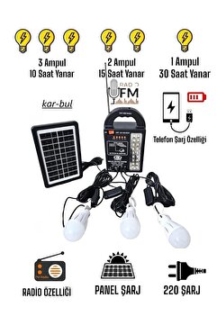 kar-bul Dat 999 Radyolu Solar Güneş Enerjili Aydınlatma Sistemi Kamp Lambası 3 Adet Lambalı At-999