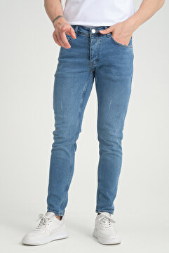 OneZero Erkek Kot Pantolon Orta Mavi Destroy Dar Kesim Skinny Fit Düğmeli Pantolon