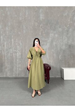 FİOXCO Vayla Çağla Yeşil Müslin Kumaş V Yaka Bel Lastikli Balon Kol Midi Yırtmaçlı Yazlık Elbise