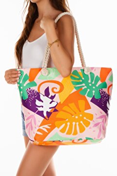 GreandBags Kadın Fermuarlı Plaj Çantası Desenli Plaj Çantası Günlük Çanta Piknik Çantası