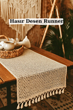 KAMİZ Hasır Örgü Desen Pamuklu Püsküllü Runner