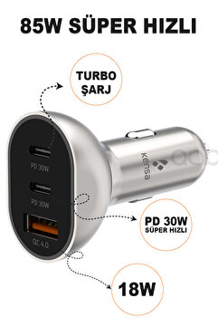 TEKNOHANE 30 Watt Type-C + USB-A Araç Şarj Aleti iPhone & Android Araç içi Şarj Cihazı Total 85W