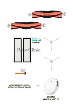 Roboclinic Dreame Vacuum Mop F9 Robot Süpürge Uyumlu Fırça,Filtre,Yedek Seti-8 Parça