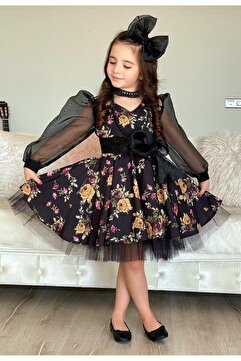 Riccotarz Kız Çocuk Black Flowers Tütülü Elbise