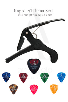arpeggio ARTE Kapo + 7’li Pena Seti | Gitar, Saz ve Ukulele ile Uyumlu | Pena Kutusu Hediyeli | 0.46/0.71/0.96 mm