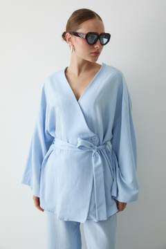 Laluvia Mavi Düğme Detaylı Kemerli Kimono - 005