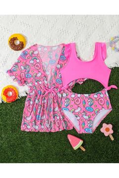 3b kids pembe unicorn mayo bikini pareo 2 li çocuk bikini mayo takımı deniz plaj giyim