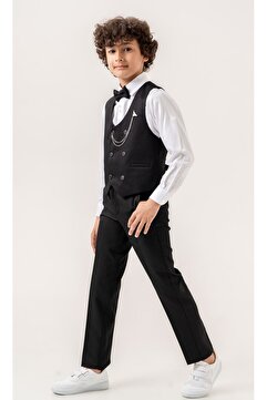 Atlas Kids Erkek Çocuk Smokin Takım Elbise – Pantolonlu Yelekli Papyonlu Gömlekli Zincirli 5’li Set