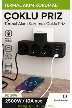 MO DOU Akıllı Priz Termal Korumalı 3 Prizli Çoklu Akım Prizi | 3 USB-A + 1 USB-C 2500W 10A PD 20W