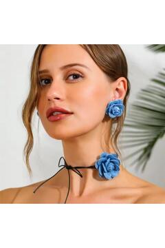 Pelin Aksesuar Mavi Jean/Kot Çiçekli Choker Küpe Seti
